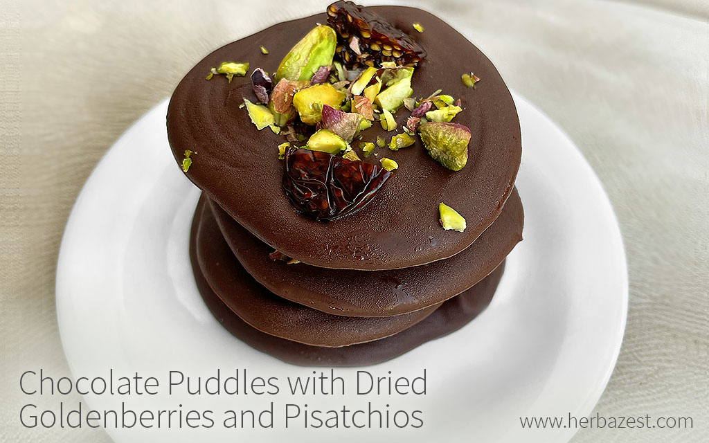 Chocolate Puddles with Dried Goldenberries and Pistachios