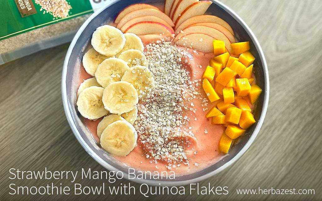 Strawberry Mango Banana Smoothie Bowl with Quinoa Flakes