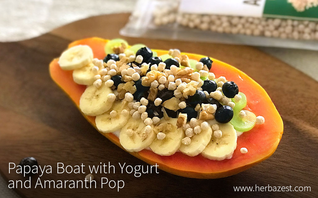 Papaya Boat with Yogurt and Amaranth Pop