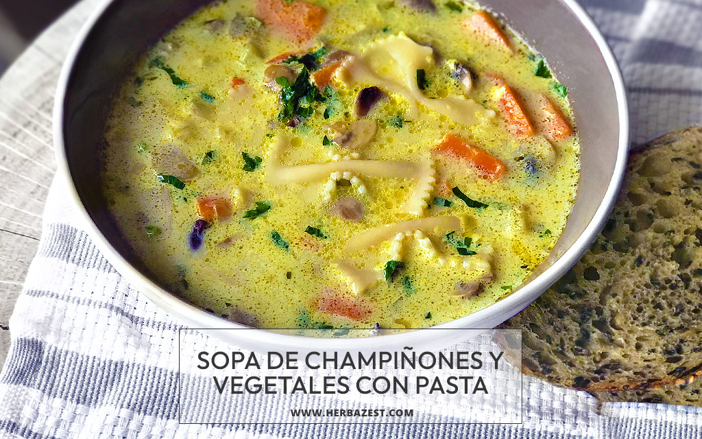 Sopa de champiñones y vegetales con pasta
