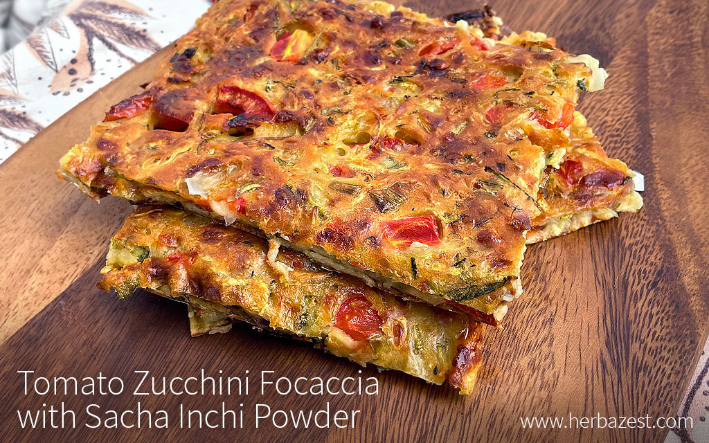 Tomato Zucchini Focaccia with Sacha Inchi Powder